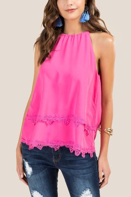 Francesca's Hadlee Double Layer Lace Trim Top - Fuchsia