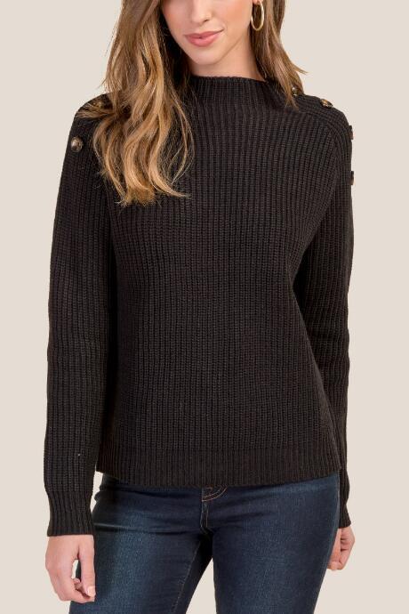 Francesca's Talia Button Shoulder Pullover Sweater - Black