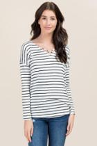Ayla Kari Stripe Long Sleeve X Neck Top - White