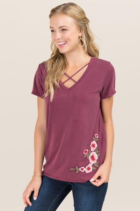 Teenplo Clothing, Inc Lysa Embroidered X Neck Cupro Top - Burgundy