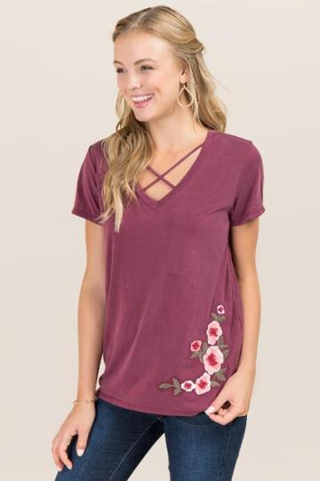 Teenplo Clothing, Inc Lysa Embroidered X Neck Cupro Top - Burgundy