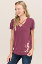Teenplo Clothing, Inc Lysa Embroidered X Neck Cupro Top - Burgundy