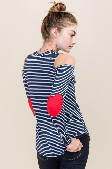Jolie Paige Cold Shoulder Heart Elbow Patch Striped Tee - Navy