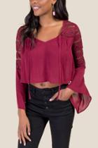 Francesca's Thea Lace Statement Sleeve Crop Top - Brick