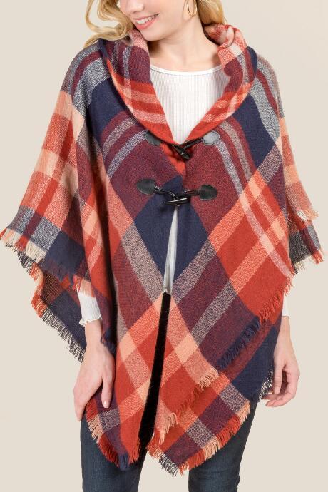 Francesca's Aubrey Toggle Plaid Poncho - Navy