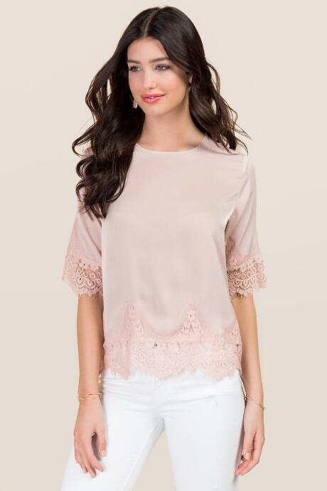 Blue Rain Brylee Washed Satin Lace Blouse - Blush