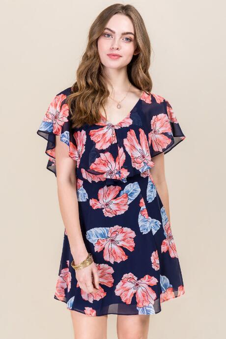 Francesca's Kristin Floral Flounce Dress - Navy