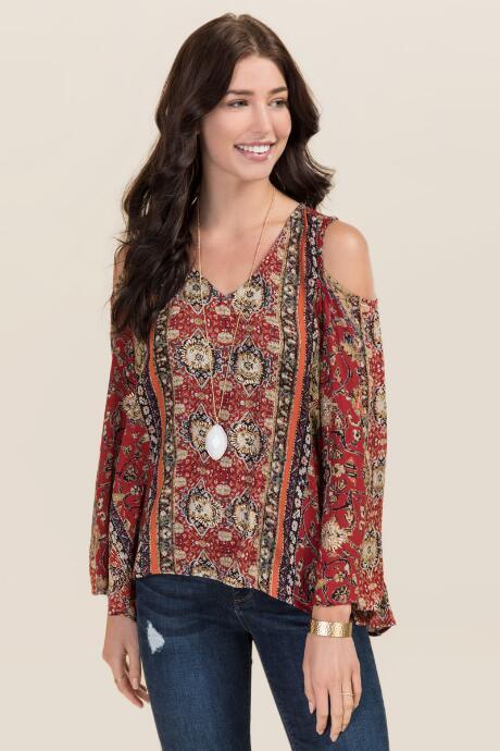 Blue Rain Callie Cold Shoulder Floral Top - Wine