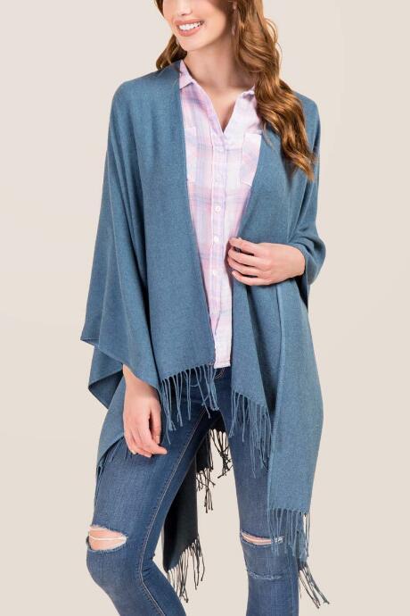 Francesca's Lindsey Solid Fringe Ruana - Blue