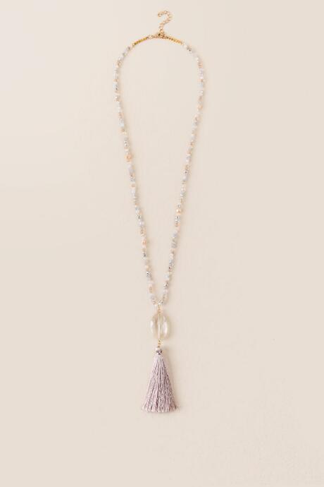 Francesca's Brinley Glass Beaded Tassel Necklace - Beige