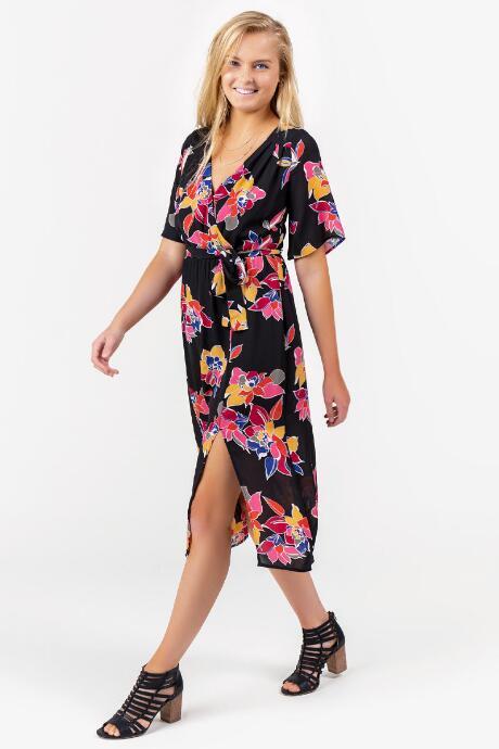 Francesca's Gladis Floral Wrap Midi Dress - Black