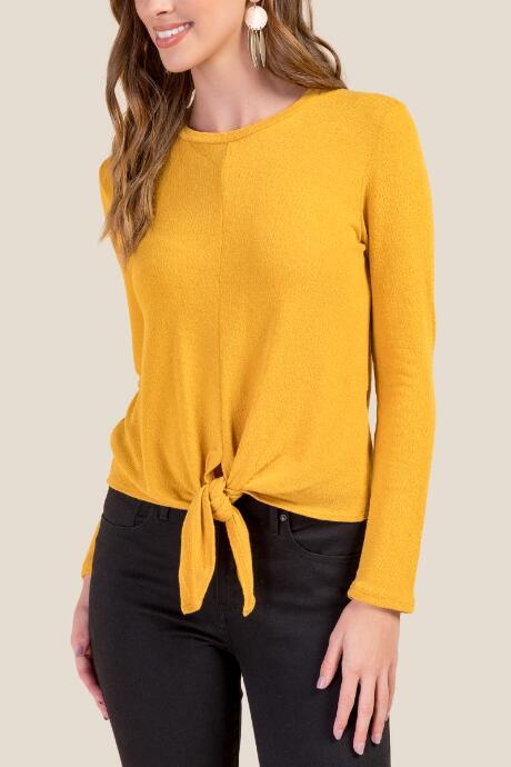 Francesca's Lucy Tie Front Crew Neck - Mustard
