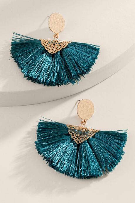 Francesca's Kira Tasseled Fan Drop Earrings In Pine - Pine