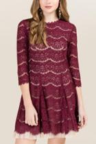 Trixxi Glenda Hi Neck Lace A-line Dress - Wine