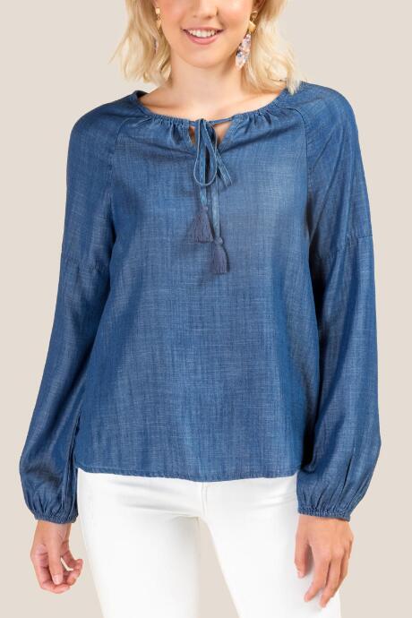 Francesca's Gail Front Tie Tassel Top - Medium Wash