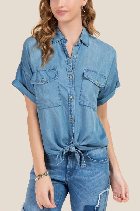 Francesca's Faith Short Sleeve Tie Front Button Down - Medium Wash