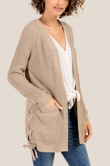 Francesca's Florence Side Lattice Cardigan - Taupe