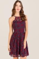 Francescas Felicia High Neck Lace A-line Dress - Burgundy