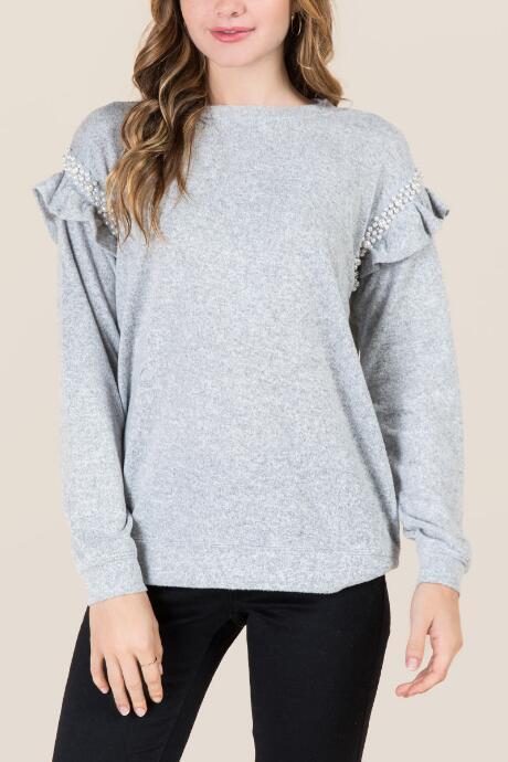 Francesca's Francine Ruffle Pearl Shoulder Sweatshirt - Heather Gray