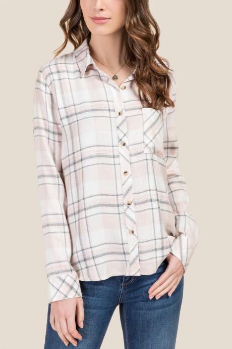Francesca's Leesa Pocket Plaid Button Down - Ivory