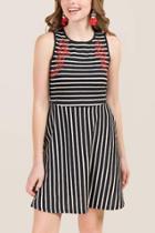 Francesca's Ada Embroidered Striped A-line Knit Dress - Black/white