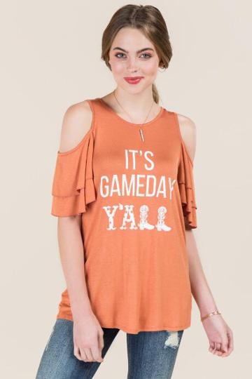 Sweet Claire Inc. It's Gameday Y'all Double Ruffle Graphic Tee - Orange
