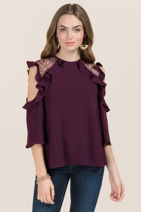 Blue Rain Opal Ruffle Cold Shoulder Top - Purple