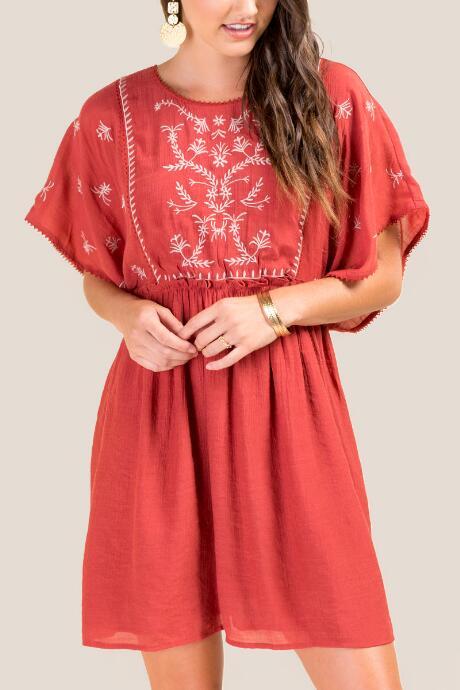 Francesca's Shonda Embroidered Shift Dress - Cinnamon
