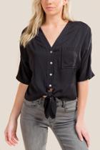 Francesca's Tamsin Button Down Tie Front Top - Black