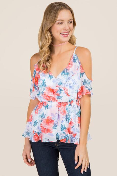 Blue Rain Deanne Floral Ruffle Wrap Cold Shoulder Top - Multi