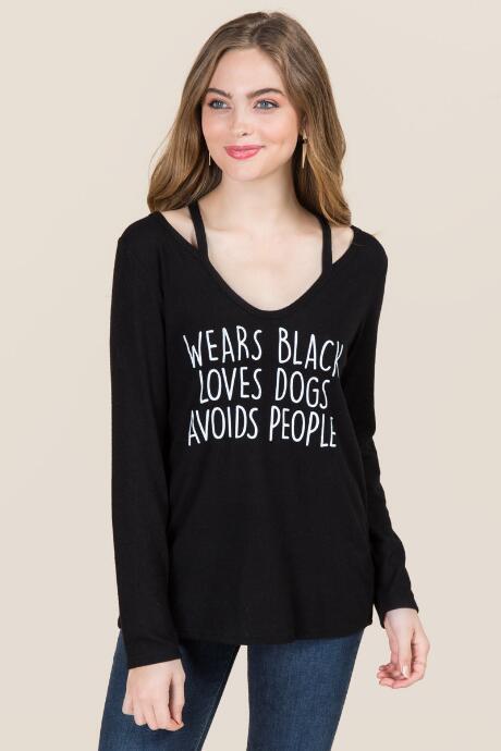 Sweet Claire Wears Black Ls Clavicle Cut Out Graphic Tee - Black