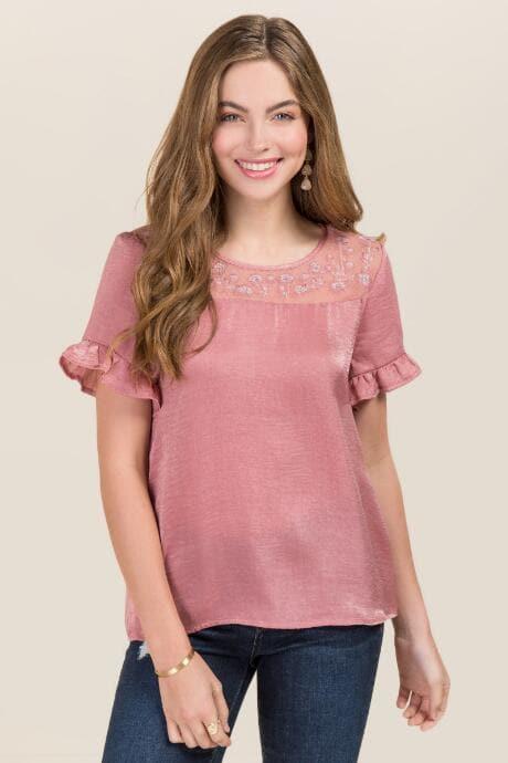 Trixxi Shania Embroidered Mesh Yoke Satin Ruffle Top - Rose