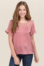 Trixxi Shania Embroidered Mesh Yoke Satin Ruffle Top - Rose