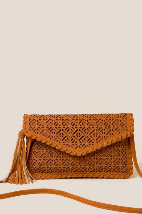 Francesca's Leyla Laser Cut Envelope Clutch - Cognac