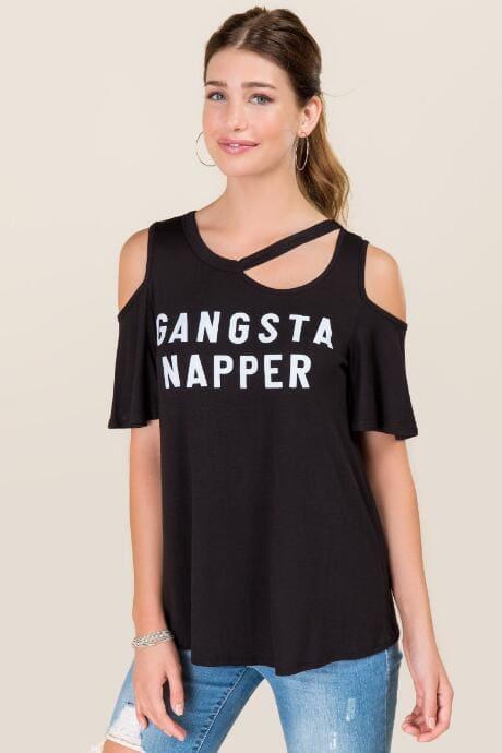 Alya Gansta Napper Cut Out Cold Shoulder Graphic Tee - Black