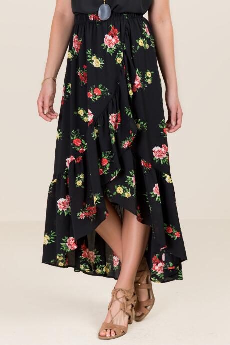 Blue Rain Azariah Floral Wrap Skirt - Black