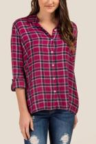 Francesca's Brydie Embroidered Sleeve Button Down - Raspberry