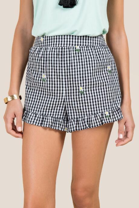 Francesca's Mirabel Embroidered Gingham Soft Shorts - Black