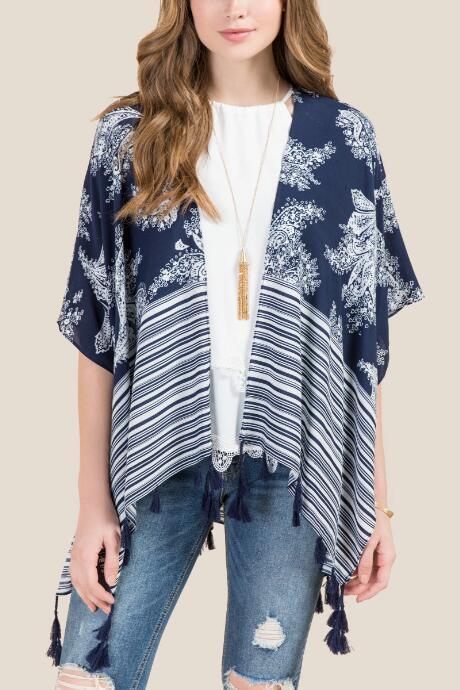 Francesca Inchess Rocio Floral Striped Ruana - Navy