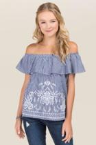 Blue Rain Caylie Embroidered Striped Off The Shoulder Top - Navy