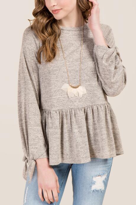 Francesca's Peg Tie Sleeve Peplum Top - Heather Oat