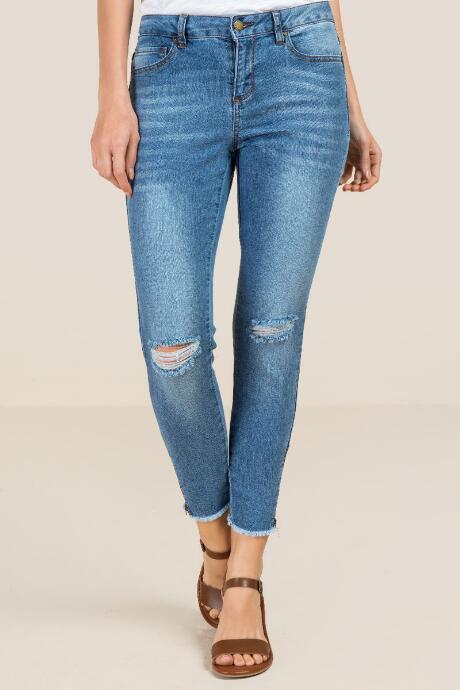 Francesca's Miles Destructed Knee Zipper Hem Jeans - Medium Wash