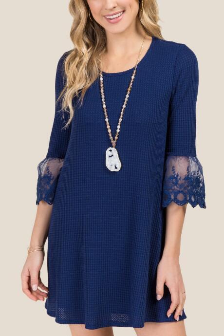 Francesca's Raven Lace Sleeve Waffle Dress - Navy