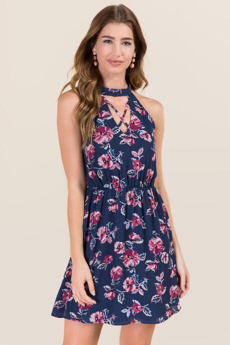 Blue Rain Amara Gigi X Neck Floral A-line Dress - Navy