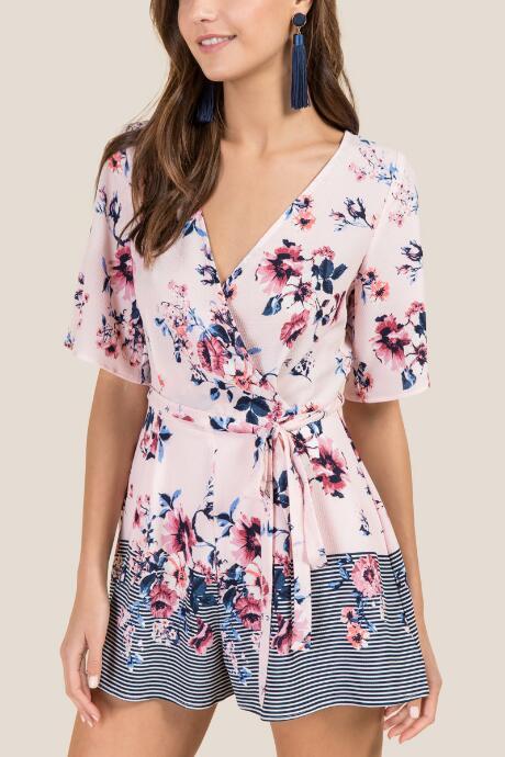 Francesca's Kristie Floral Stripe Border Surplus Romper - Pink