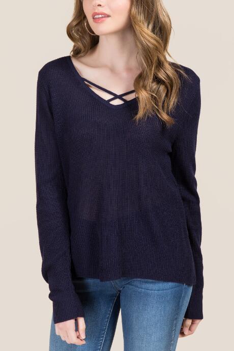 Mi Ami Breanna Lattice Pullover Sweater - Navy
