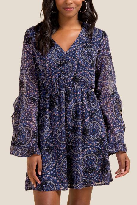 Francesca's Amara Ruffle Long Sleeve Dress - Navy