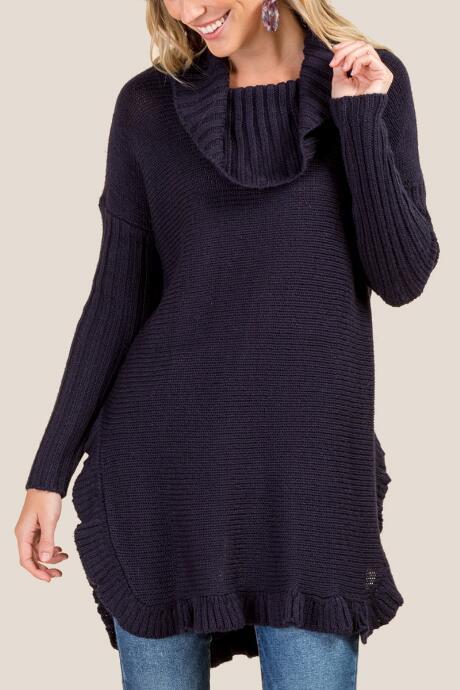 Francesca's Shane Long Sleeve Cowl Poncho - Navy
