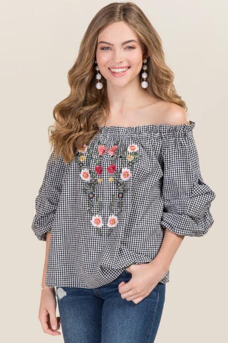 Blue Rain Lyric Ruched Sleeve Embroidered Off The Shoulder Top - Black/white