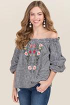 Blue Rain Lyric Ruched Sleeve Embroidered Off The Shoulder Top - Black/white